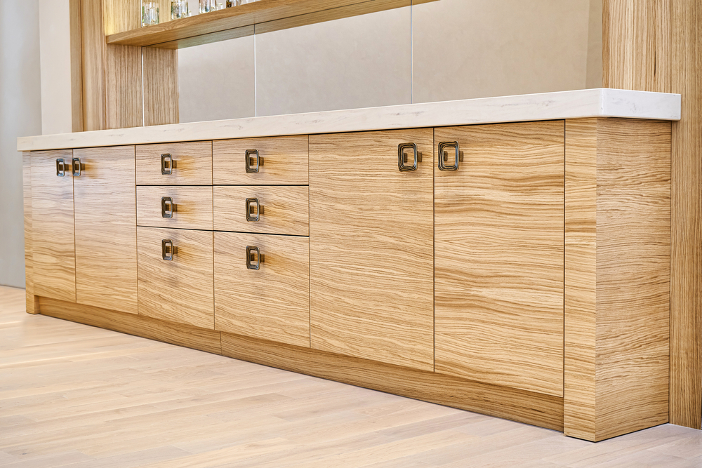 Oak wood kitchen cabinets with acrylic solid surface countertop