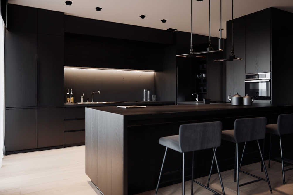 Sleek and modern, our dark black kitchen exudes industrial edge and sophisticated style, with ample storage and clever lighting